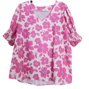Jade by Jane Floral Pullover Blouse Top, V-neck, pink & white, sz 2X Puff Sleeve